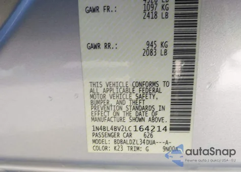 2020 Nissan Altima S Fwd z USA, uszkodzony, nr VIN 1N4BL4BV2LC164214